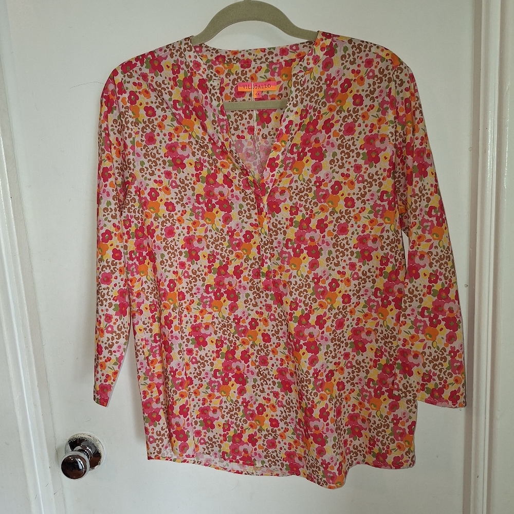 Vilagallo Floral Print Top. Size 12 Preppy. Cruise. Vacation